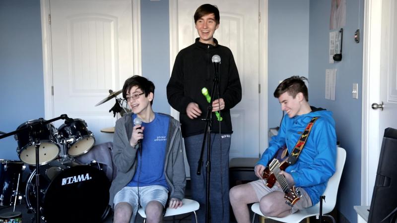 Speed Limit 18 members (l-r) Oliver Sachs, Alex Boswell and Zach Yenovkian practice in Oliver’s garage. ROB WATERS PHOTO